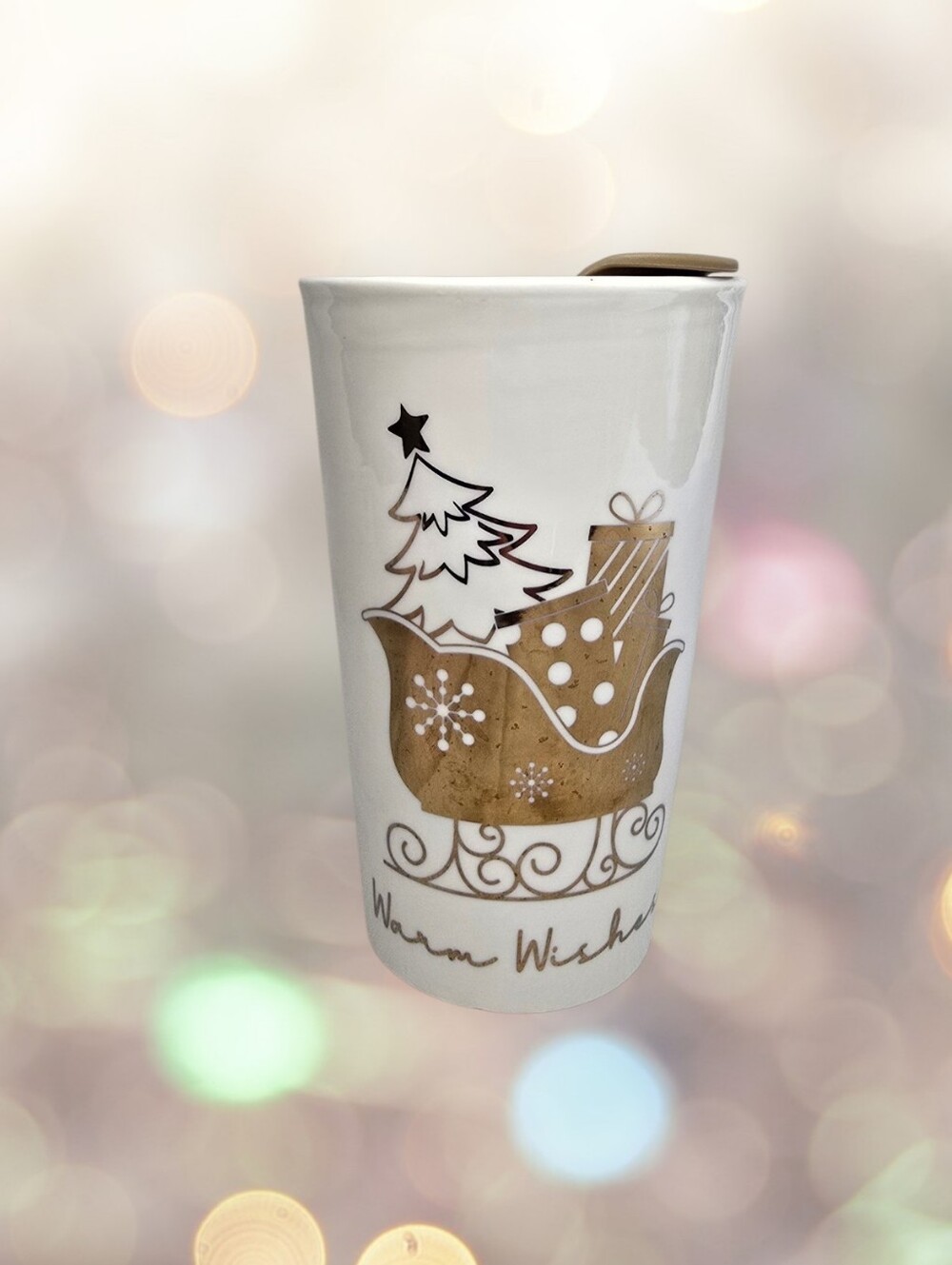 Marketplace Coffee Tumbler Mug | Christmas Sleigh & "Warm Wishes" 16 oz w/ Lid